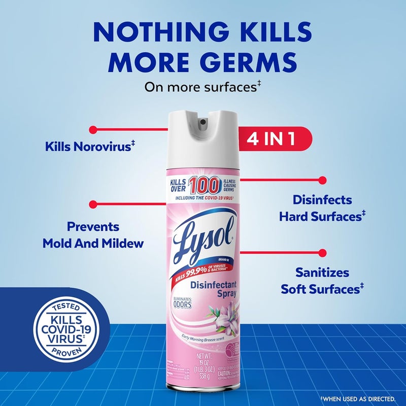 Lysol رذاذ مطهر، رذاذ معقم ومضاد للبكتيريا، للتعقيم وإزالة الروائح، نسيم الصباح الباكر، 1 قطعة، 19 أونصة سائلة لكل منها - Image 1